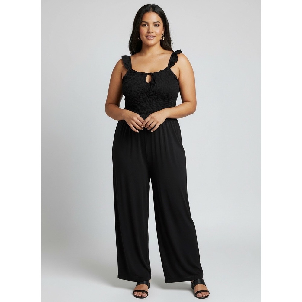 Lavender‎ Moon Black Smocked Wide Leg Jumpsuit Ruffle Straps Keyhole Tie Size L